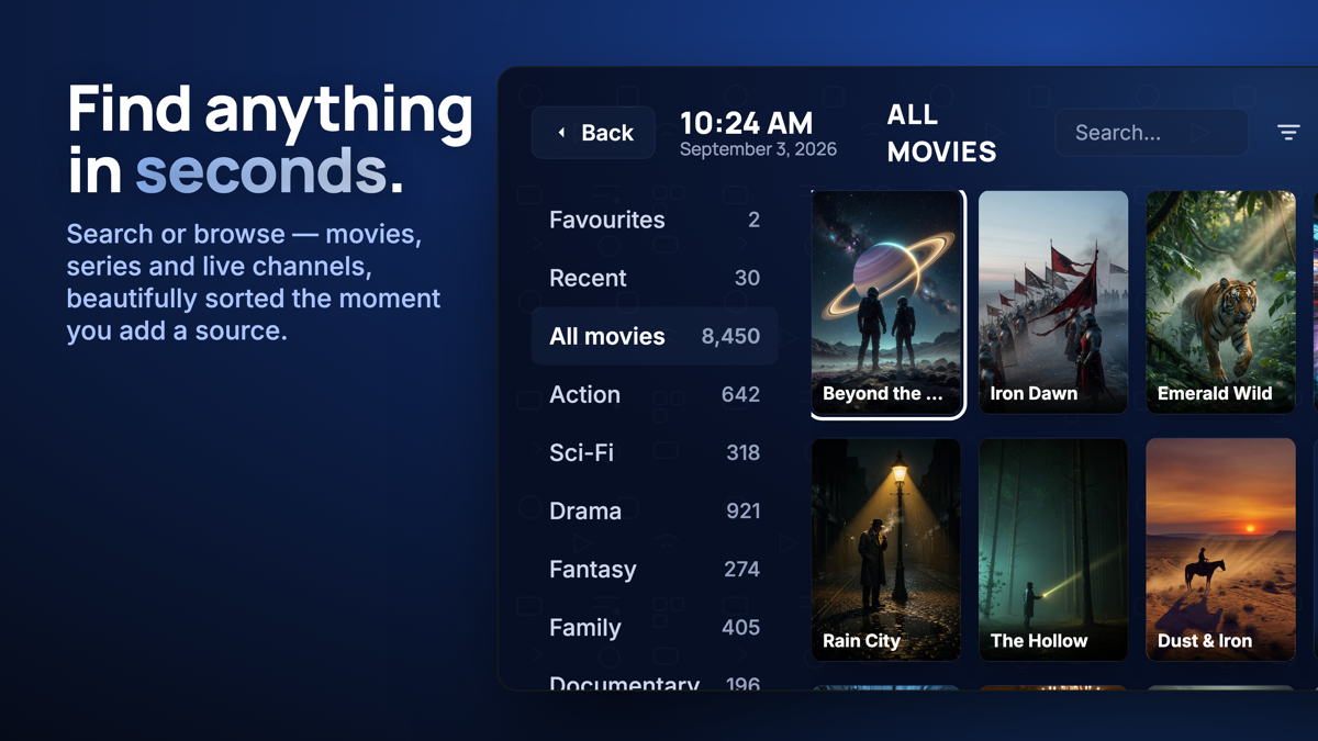 Browsing films and series in eKoPlayer, sorted from a source you added.