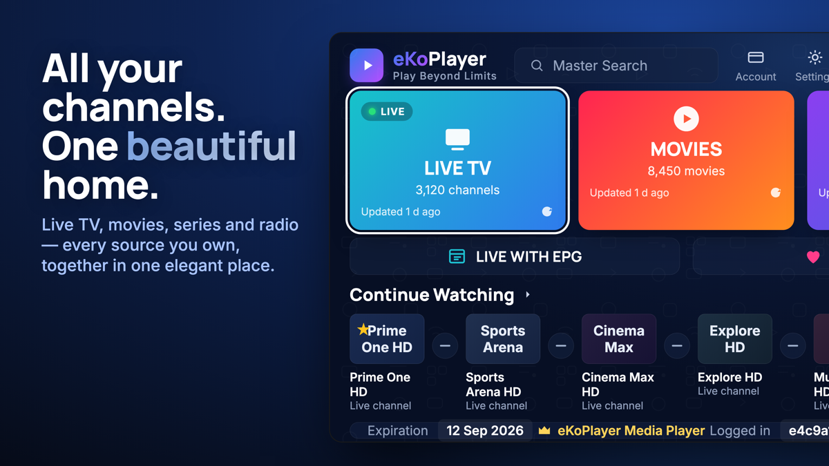 The eKoPlayer home screen on Apple TV — Live TV, films and continue-watching, from a playlist you added.