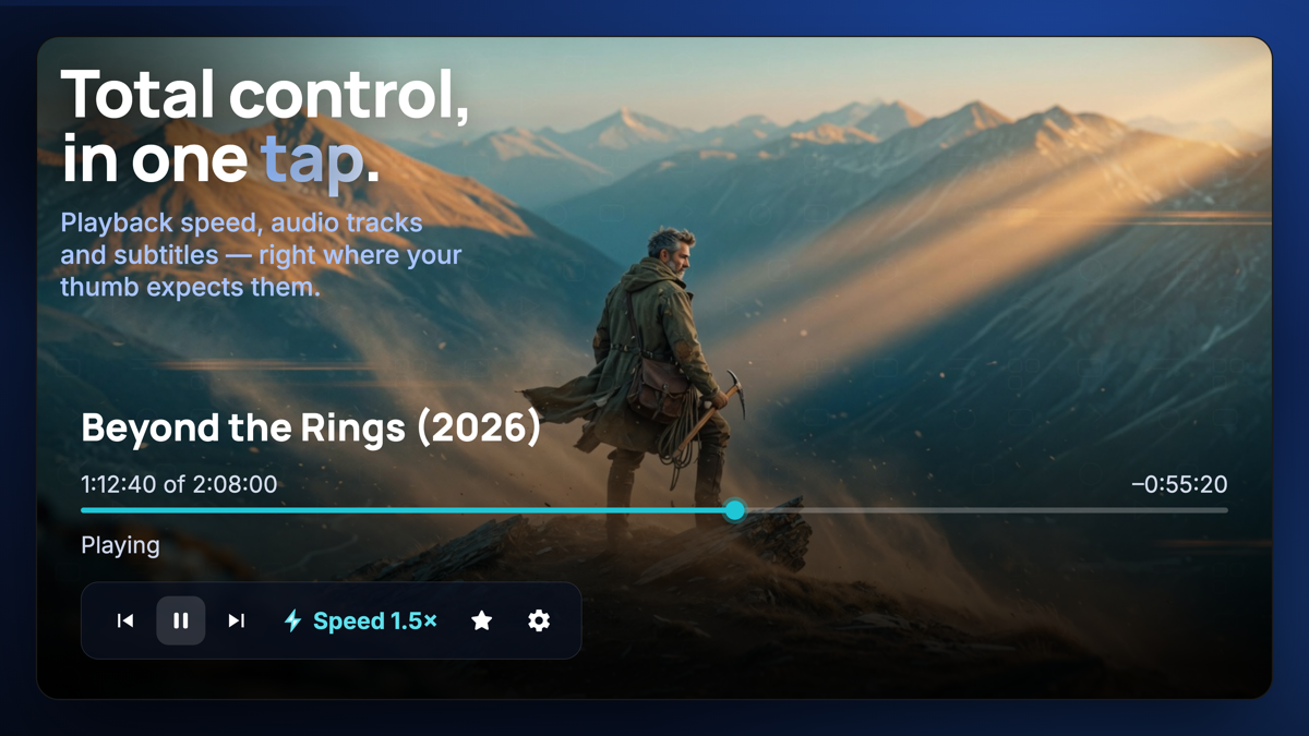 Playback in eKoPlayer with speed, audio-track and subtitle controls.